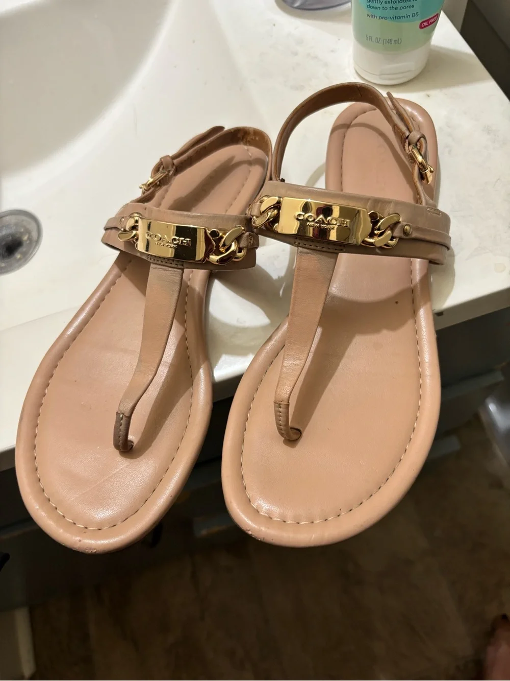 Coach Pink-Tan Leather T-Strap Sandals with Gold Plaque